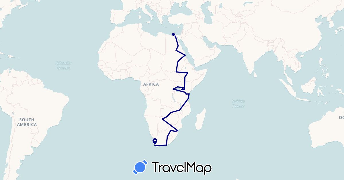 TravelMap itinerary: driving in Botswana, Egypt, Ethiopia, Kenya, Malawi, Mozambique, Sudan, South Sudan, Swaziland, Tanzania, Uganda, South Africa, Zambia, Zimbabwe (Africa)