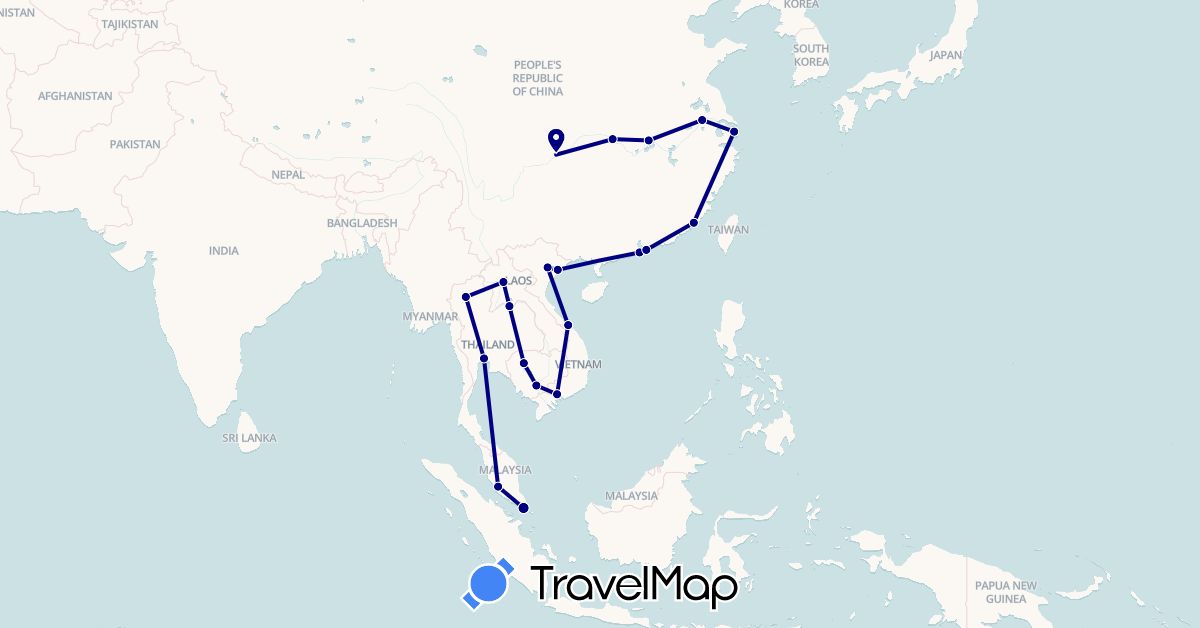 TravelMap itinerary: driving in China, Hong Kong, Cambodia, Laos, Macau, Malaysia, Singapore, Thailand, Vietnam (Asia)