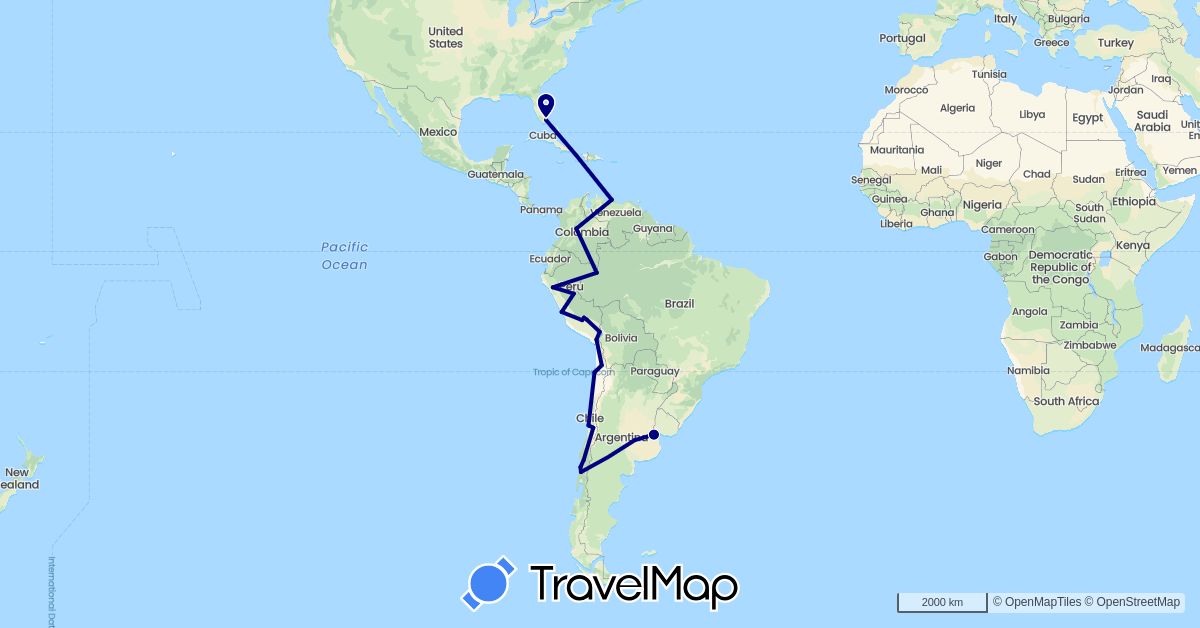 TravelMap itinerary: driving in Argentina, Chile, Colombia, Peru, United States, Venezuela (North America, South America)