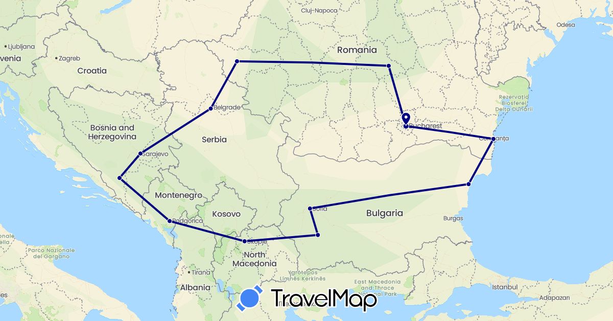 TravelMap itinerary: driving in Bosnia and Herzegovina, Bulgaria, Montenegro, Macedonia, Romania, Serbia (Europe)