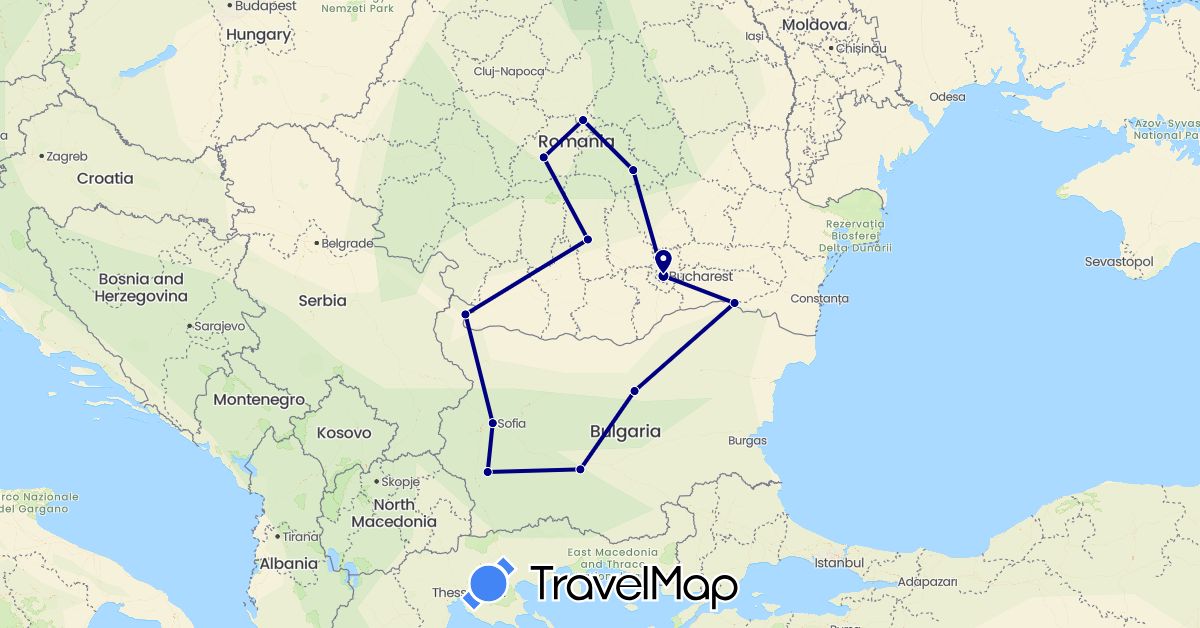 TravelMap itinerary: driving in Bulgaria, Romania (Europe)